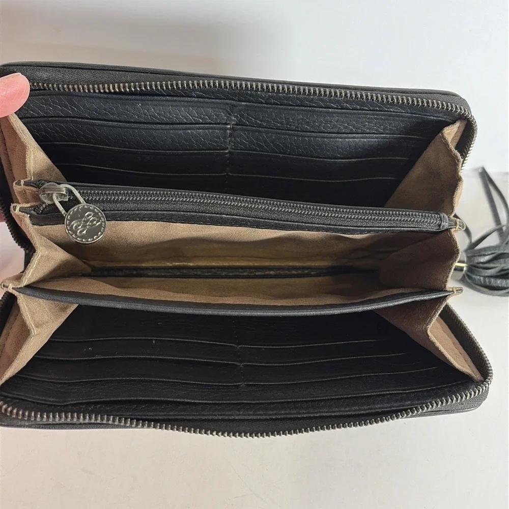 Lancel Paris Black Leather Wallet Clutch Zip Close w Tassel